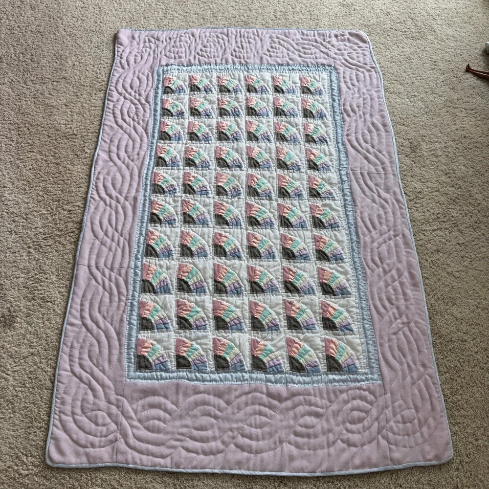 Handmade Pastel Fan Patchwork Quilt Lavender Border Nursery Throw Blanket